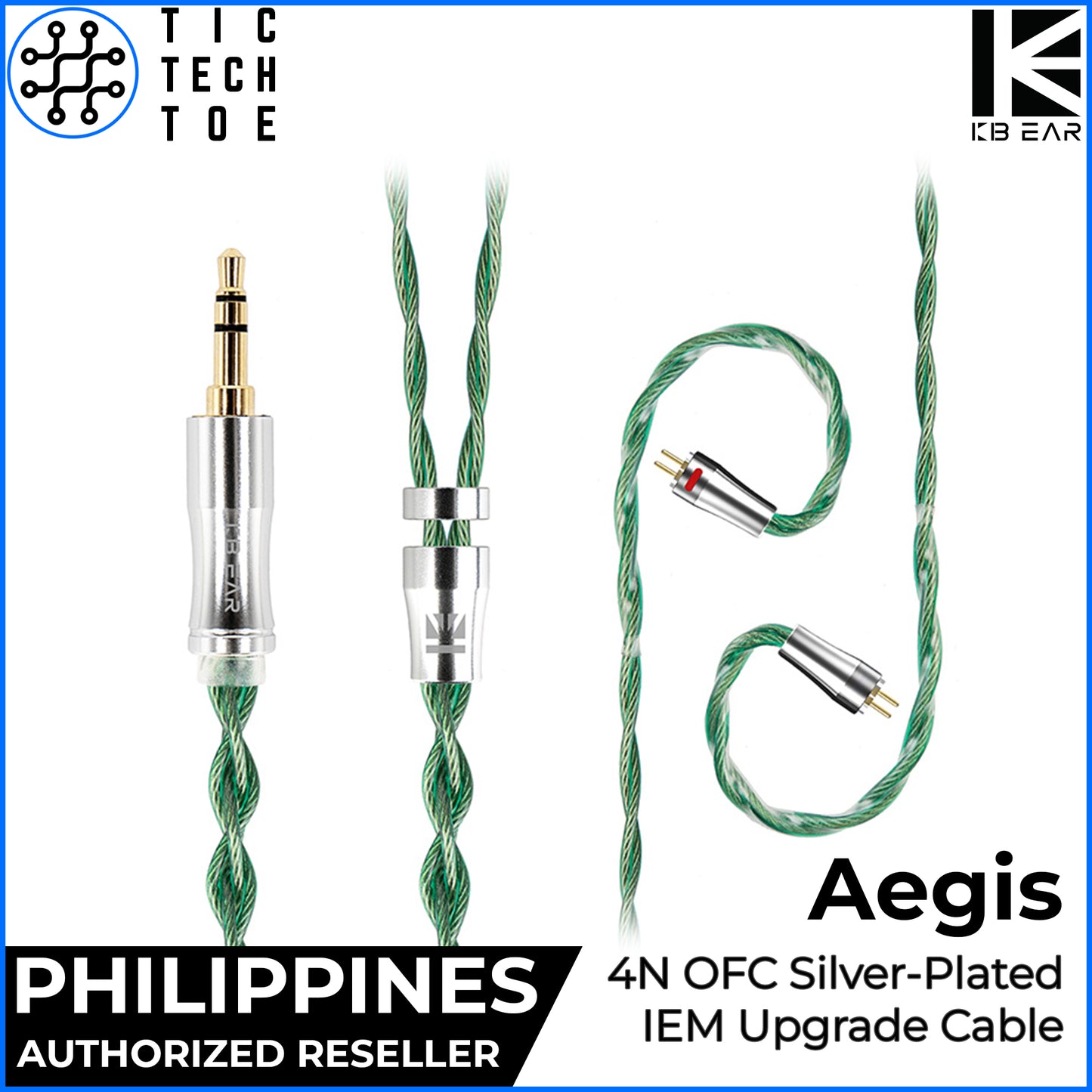 KBEAR Aegis Braided Upgrade Cable Silver-Plated OFC 2-Pin/QDC Green 3.5mm IEM Earphone Replacement