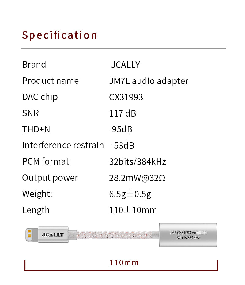 JCALLY JM7L Lightning to 3.5mm Dongle CX31993 DAC/Amp Metal Aluminum Adapter for iPhone/Apple/iOS