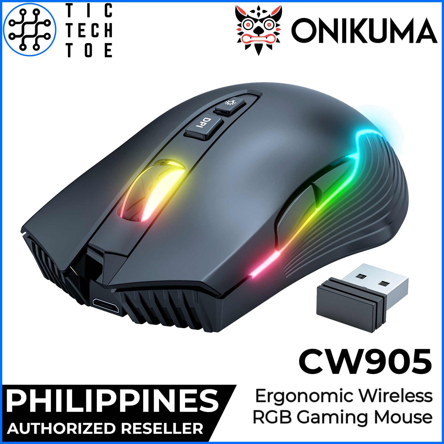 Onikuma CW905 Wireless USB 2.4GHz RGB Lightweight PC Laptop Gaming Ergonomic DPI Mouse Rechargeable