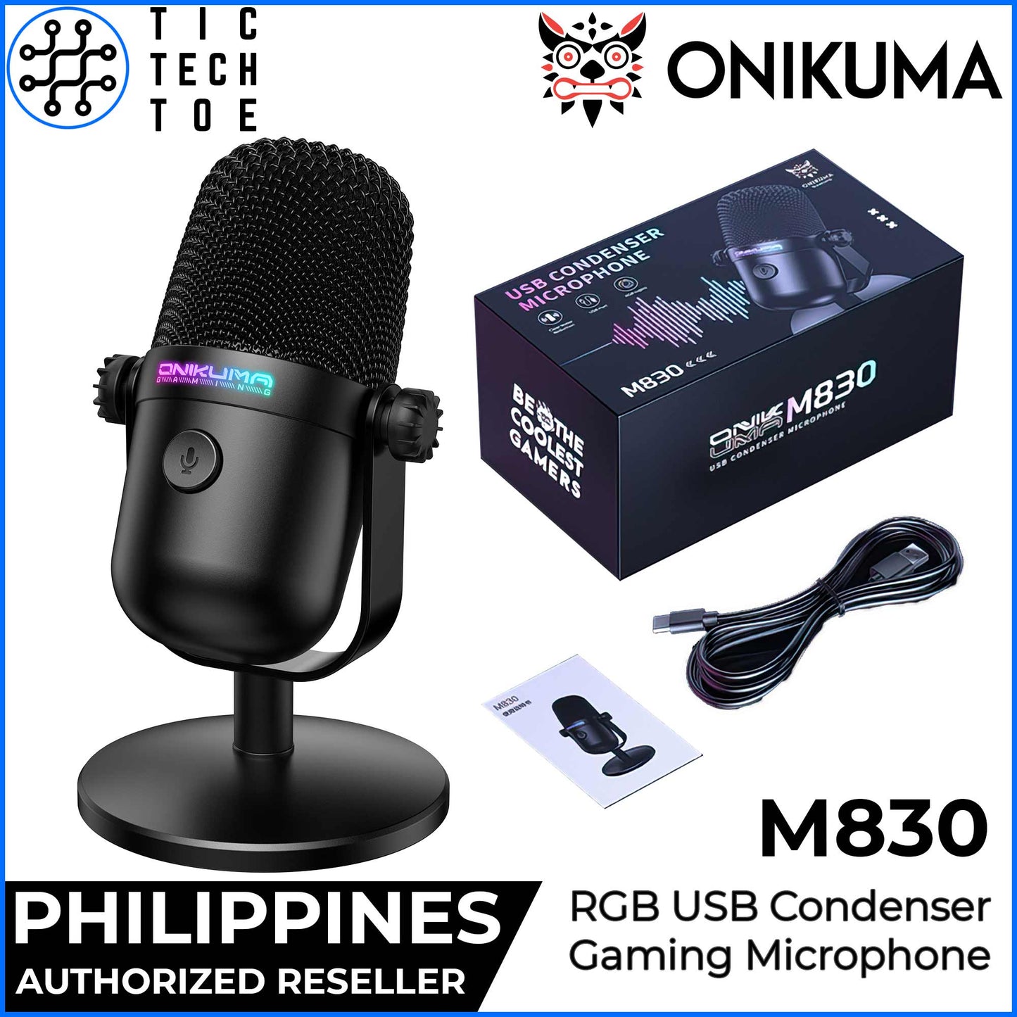 Onikuma M830 USB Condenser Gaming Microphone RGB Light Mute Button Streaming PC Mobile Wired HD Mic