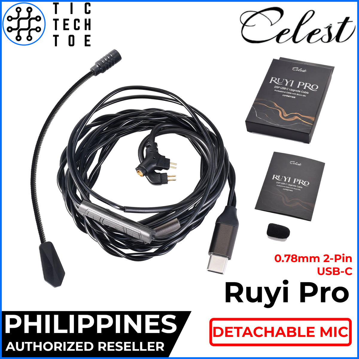 Celest Ruyi Pro USB-C IEM Upgrade Cable 0.78mm 2-Pin with Detachable Boom Mic Black