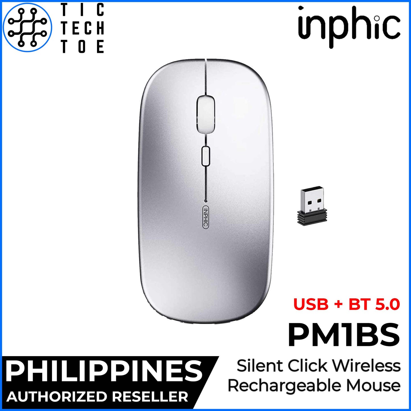 Inphic PM1 / PM1BS Rechargeable Silent Click Wireless Bluetooth / USB Mouse