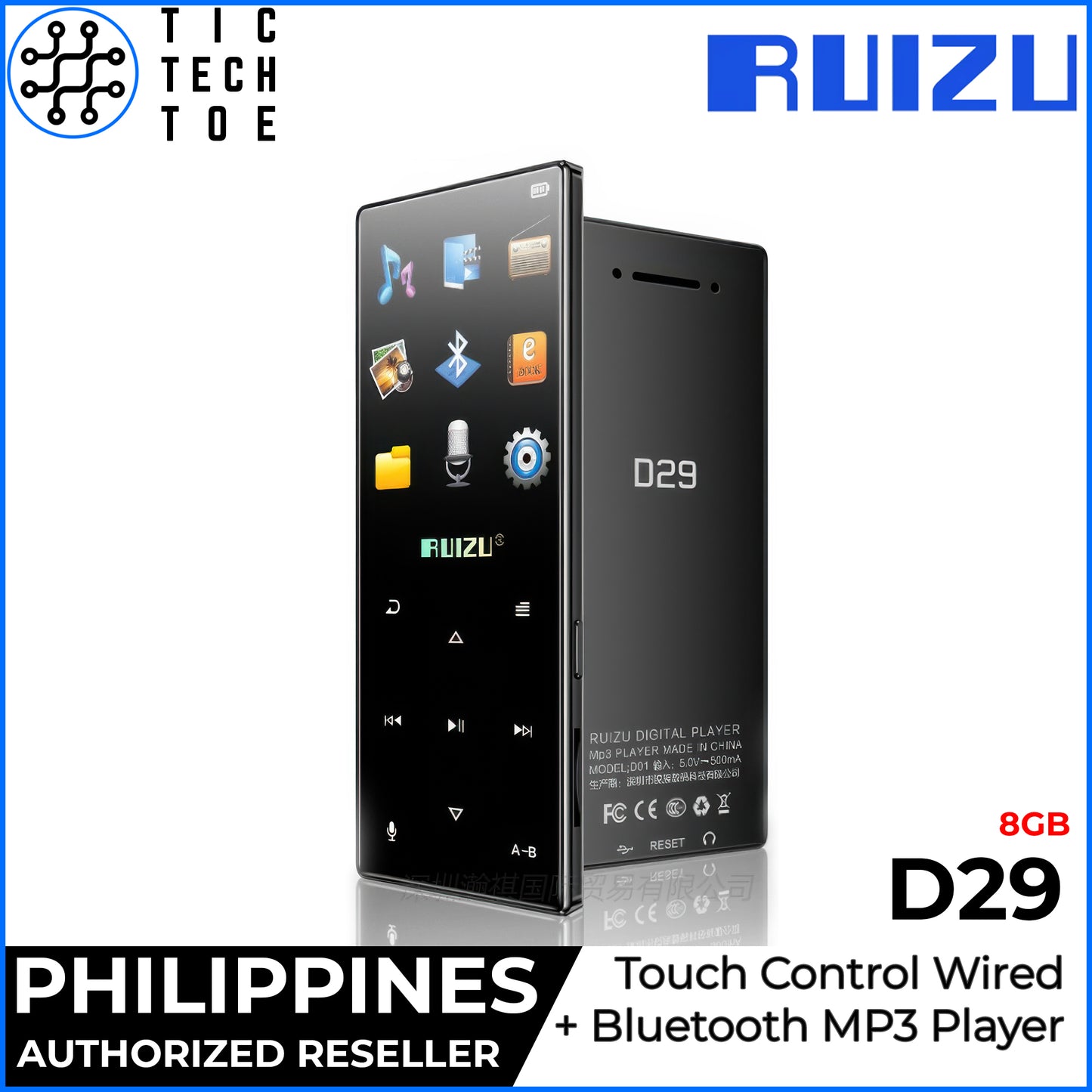 RUIZU D29 Touch Control MP3 Player Wireless BT 5.0/Wired 3.5mm Built-In Memory Portable Audio DAP
