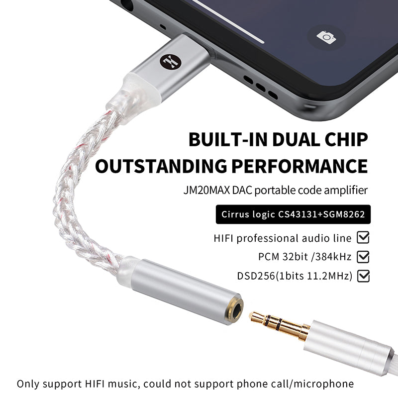 JCALLY JM20 MAX High-Power Headphone/Earphone USB C to 3.5mm Aluminum Audio DAC/Amp Adapter Cable