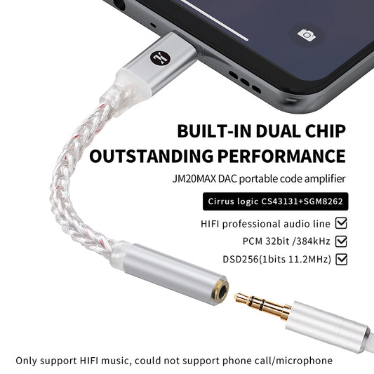 JCALLY JM20 MAX High-Power Headphone/Earphone USB C to 3.5mm Aluminum Audio DAC/Amp Adapter Cable