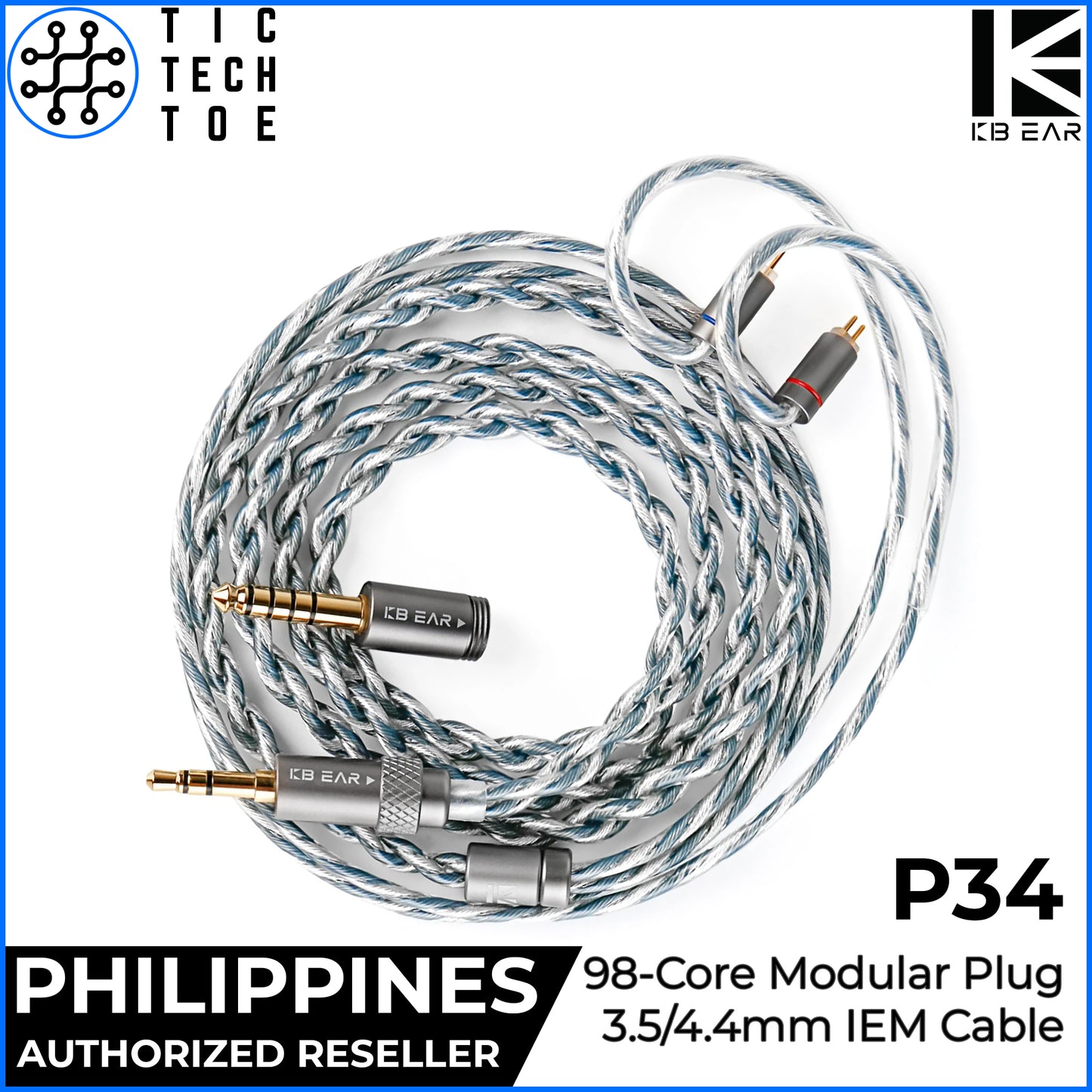 KBEAR P34 Modular Plug IEM Upgrade Cable 2-Pin 3.5mm/4.4mm Blue-Silver Replacement Braided Wire