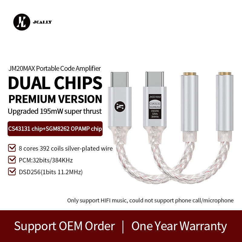 JCALLY JM20 MAX High-Power Headphone/Earphone USB C to 3.5mm Aluminum Audio DAC/Amp Adapter Cable