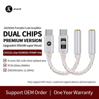 JCALLY JM20 MAX High-Power Headphone/Earphone USB C to 3.5mm Aluminum Audio DAC/Amp Adapter Cable