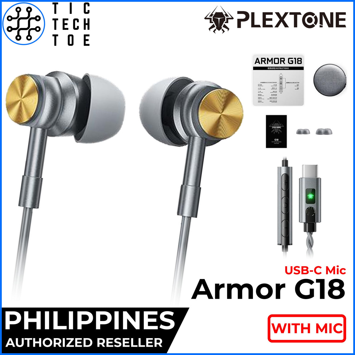Plextone Armor G18 Gaming In-Ear Earphones Dynamic Driver Metal Housing USB-C Sound Card With Mic