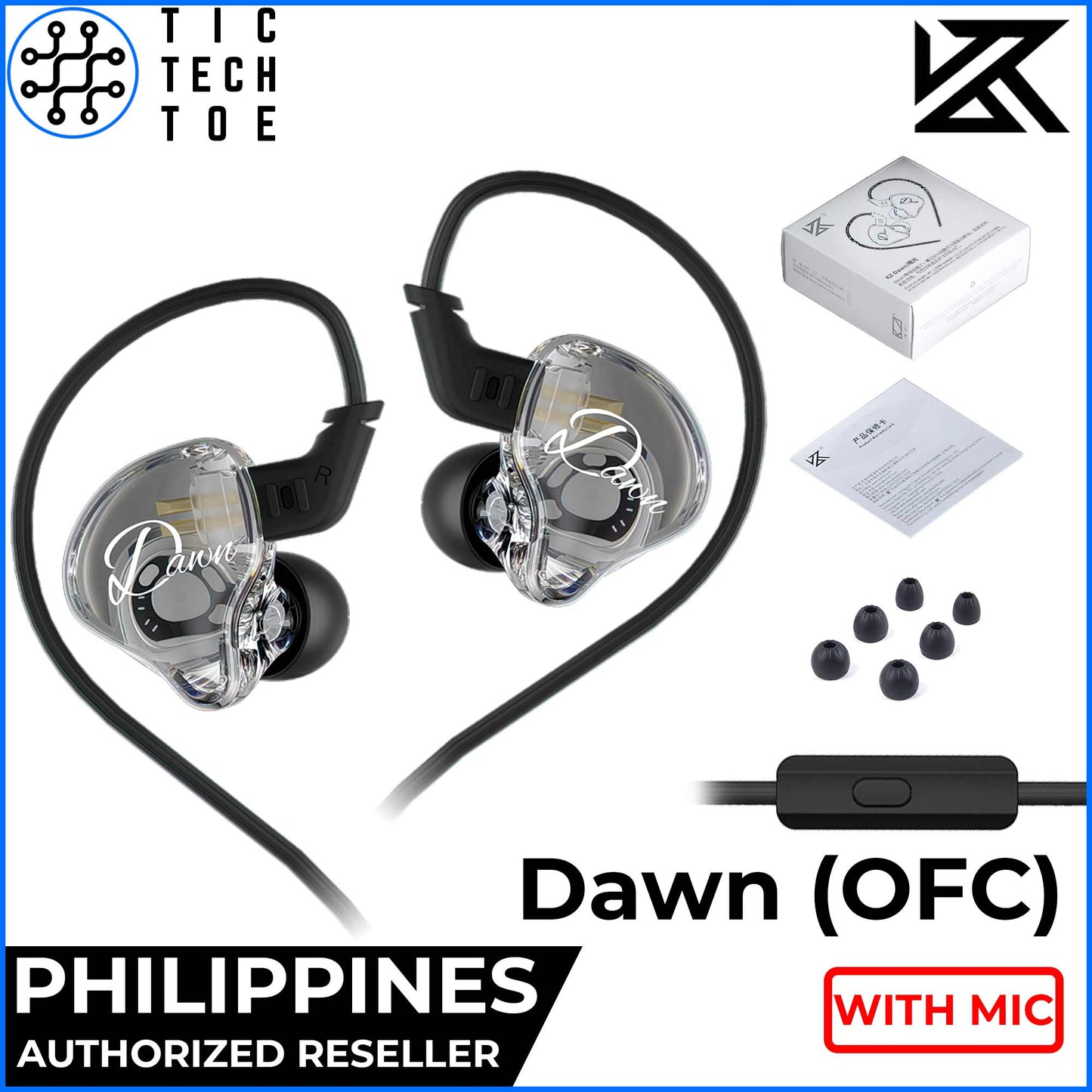 KZ Dawn HiFi Single Dynamic Driver Earphones Lightweight Wired Cable IEM with Mic and Music Control
