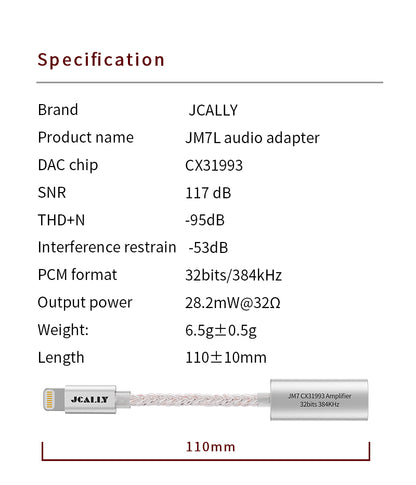 JCALLY JM7L Lightning to 3.5mm Dongle CX31993 DAC/Amp Metal Aluminum Adapter for iPhone/Apple/iOS
