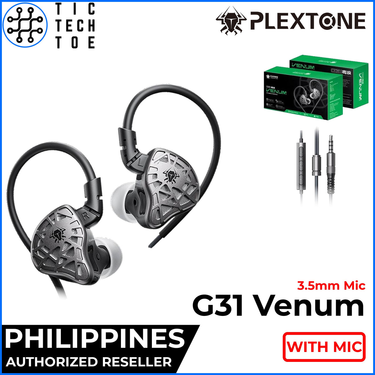 Plextone G31 Venum Gaming In-Ear Earphones LCP Dynamic Driver Wired 3.5mm/USB-C/Lightning Mic
