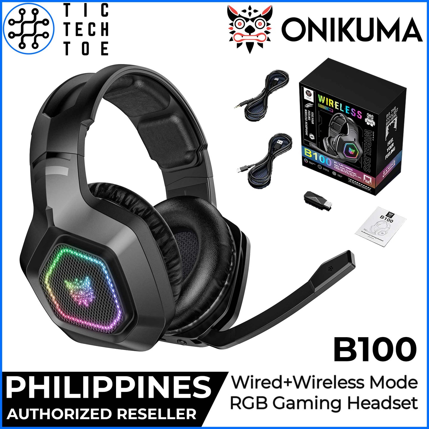 Onikuma B100 Wired + Wireless RGB Headset Bluetooth/2.4GHz USB Noise Cancelling Gaming Headphones