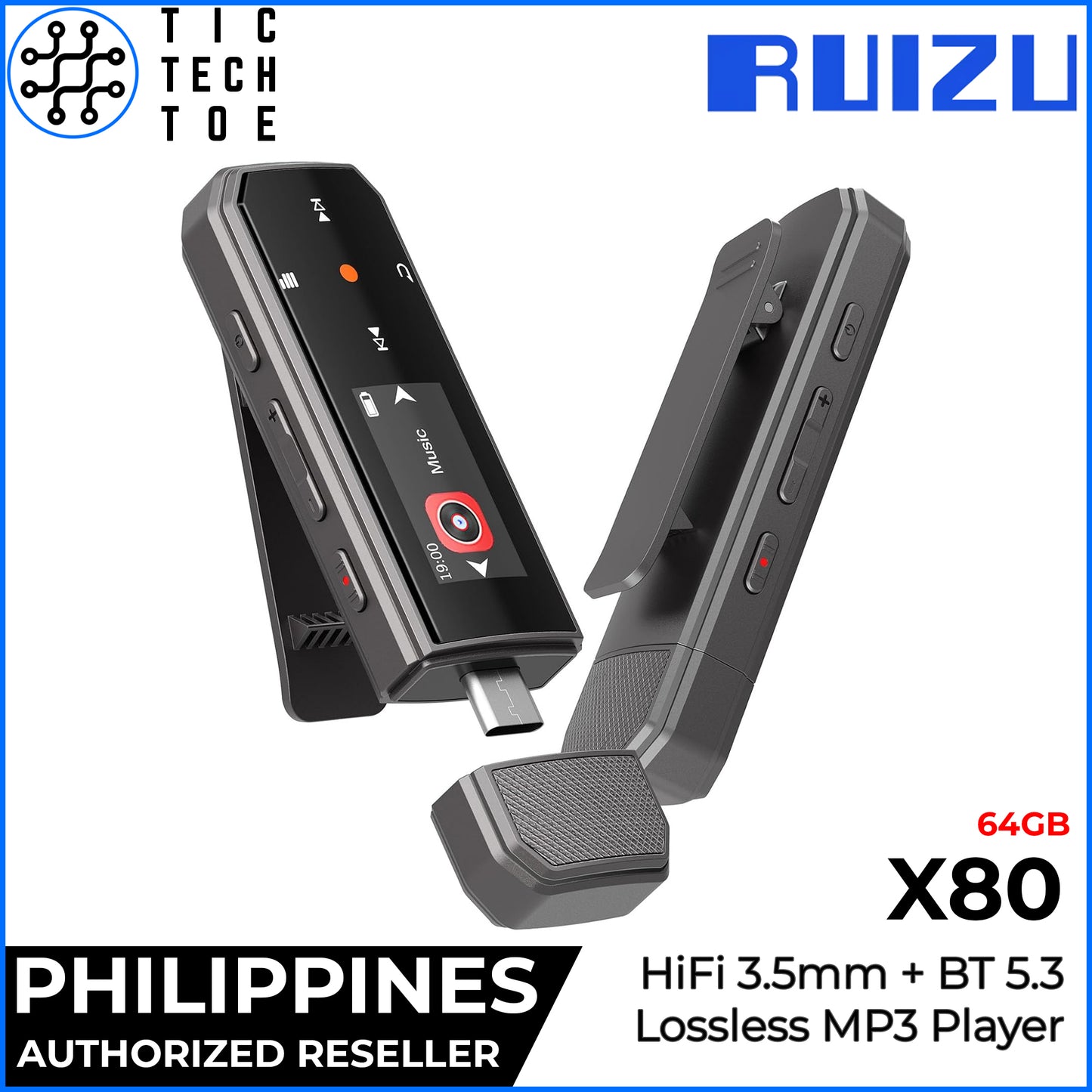 RUIZU X80 Lossless MP3 Player Bluetooth 5.3 / Wired 3.5mm Built-In 64GB Memory USB-C Portable DAP