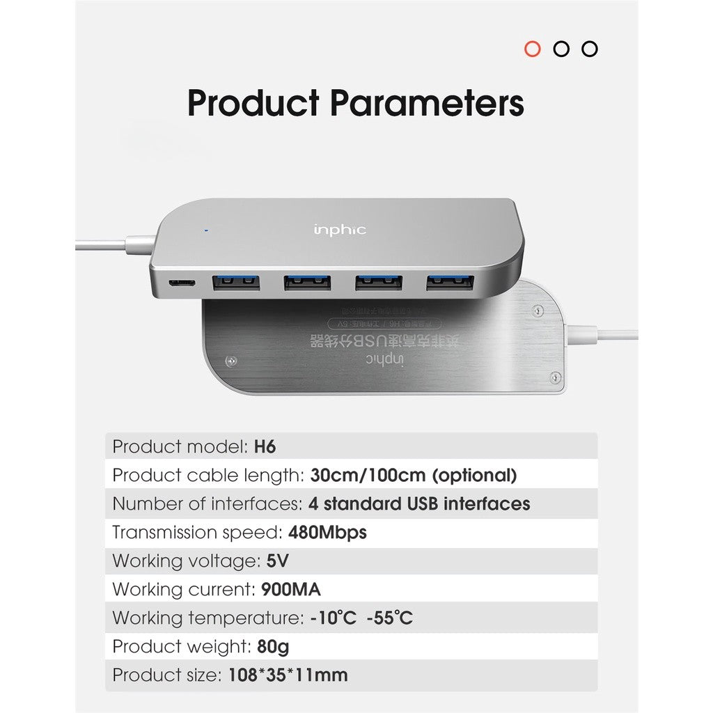 Inphic H6 Pro 4-Port Aluminum High Speed USB 3.0 Hub Extension Splitter