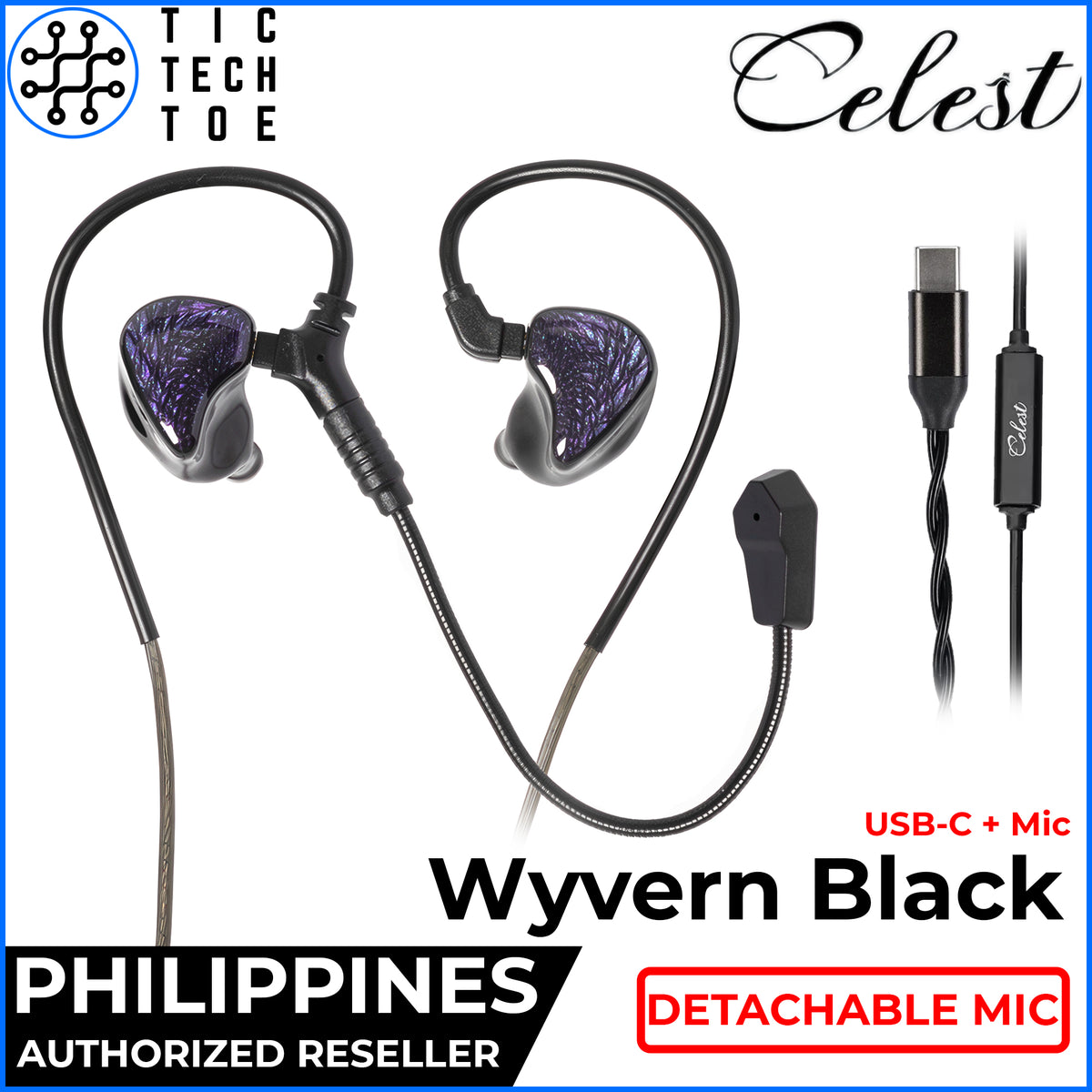 Kinera Celest Wyvern Black HiFi IEM Dynamic Driver Earphones Wired Detachable Cable 3.5mm/USB-C Mic