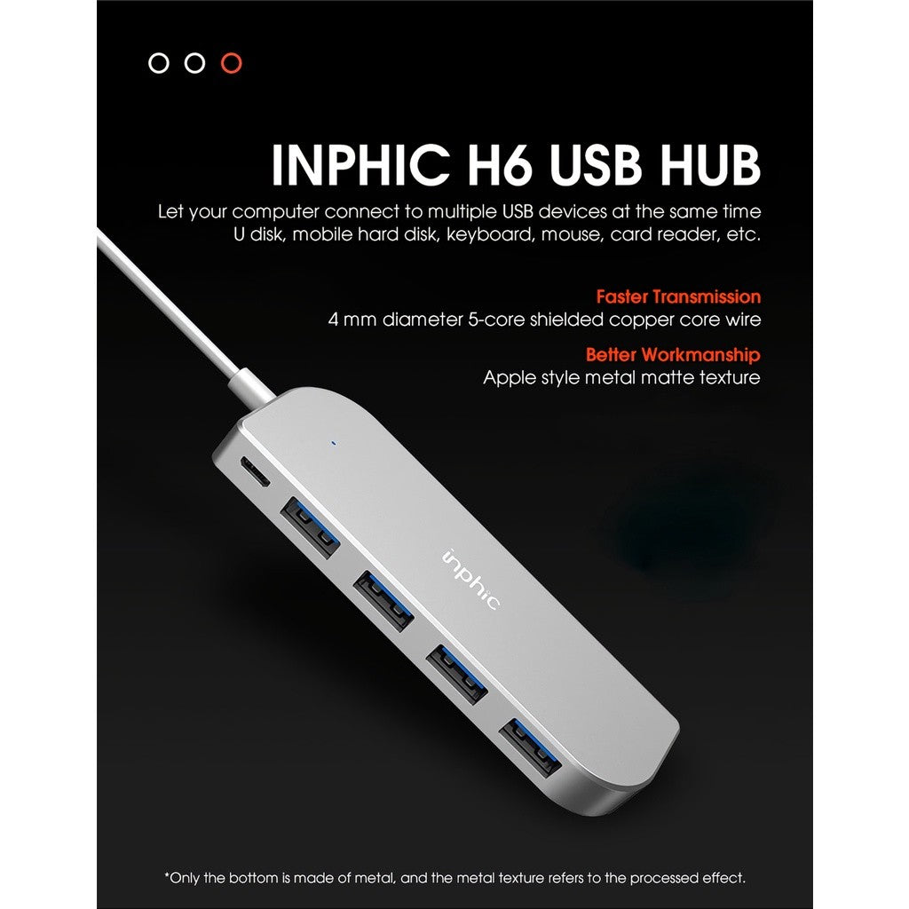 Inphic H6 Pro 4-Port Aluminum High Speed USB 3.0 Hub Extension Splitter