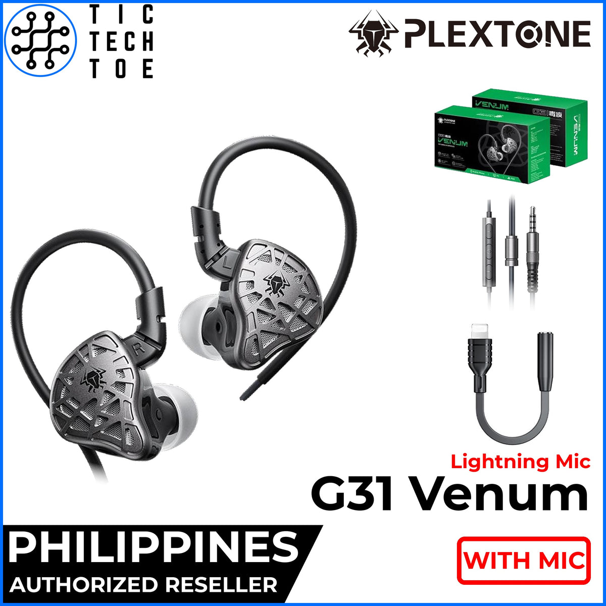 Plextone G31 Venum Gaming In-Ear Earphones LCP Dynamic Driver Wired 3.5mm/USB-C/Lightning Mic