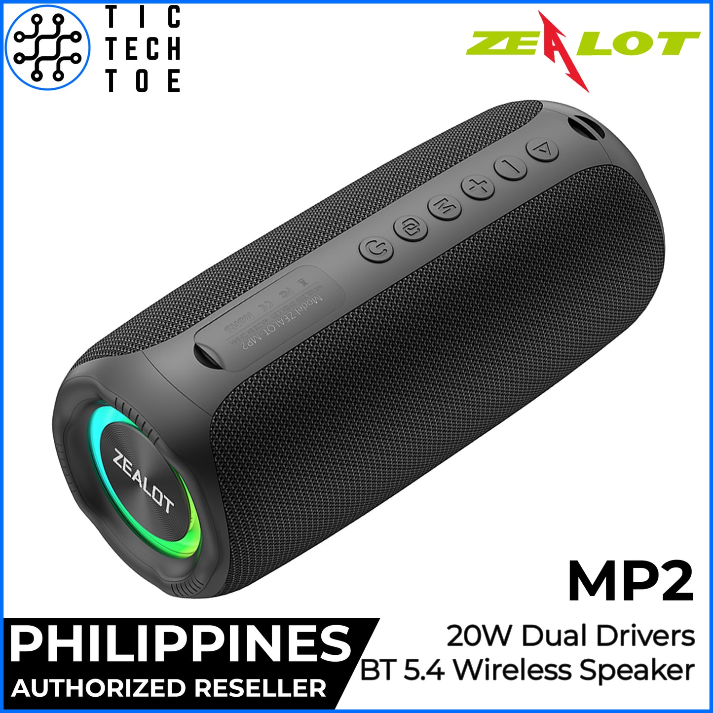 Zealot MP2 20W RGB Light Portable Outdoor IPX5 AUX/USB/Micro SD/Bluetooth 5.4 Rechargeable Speaker