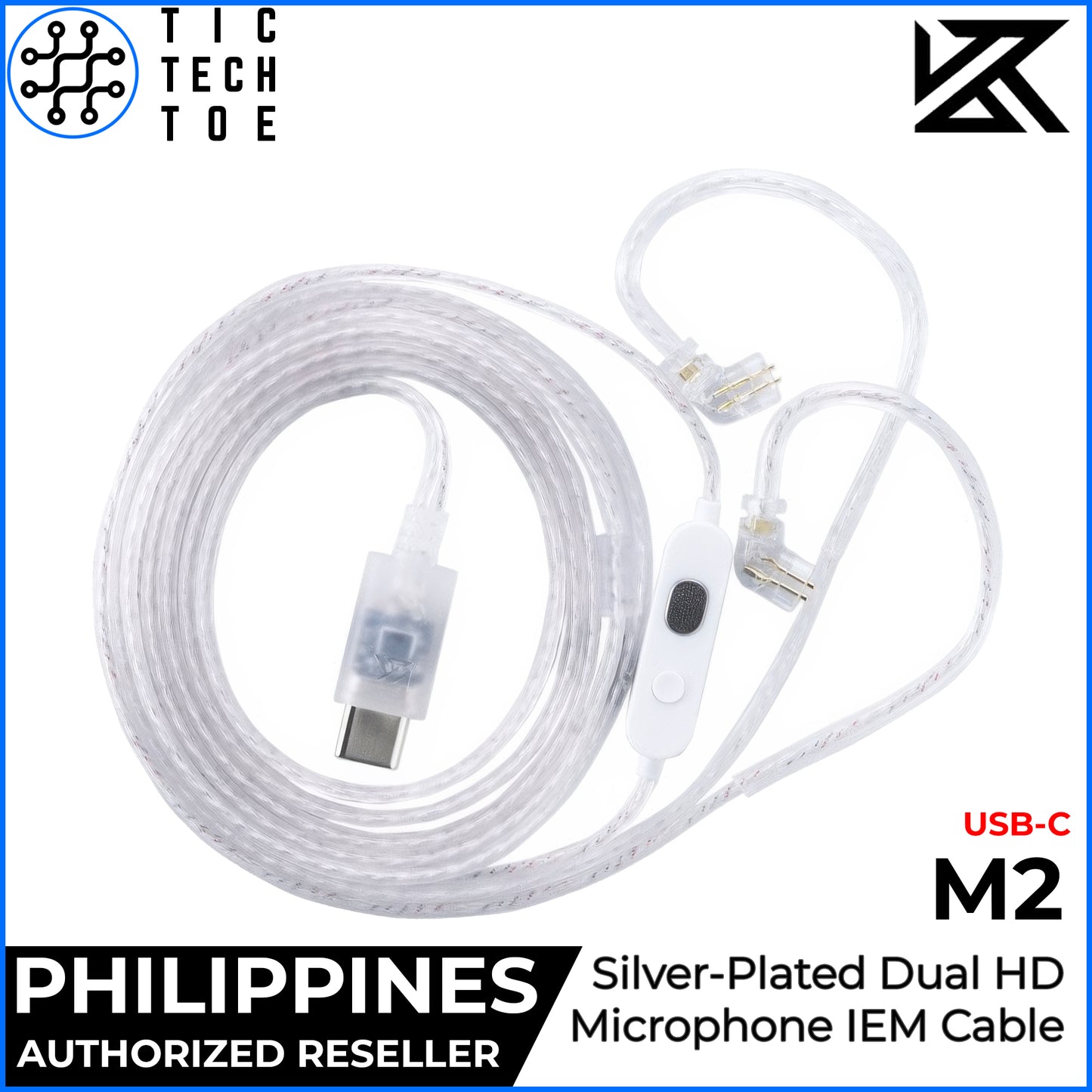 KZ M2 Cable Dual HD Mic 3.5mm/USB-C Silver Plated Upgrade IEM with Control Button Earphone Wire