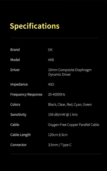 GK AK8 Liquid Crystal Polymer Dynamic Driver Bass Wired Cable In-Ear Monitor Earphones with Mic
