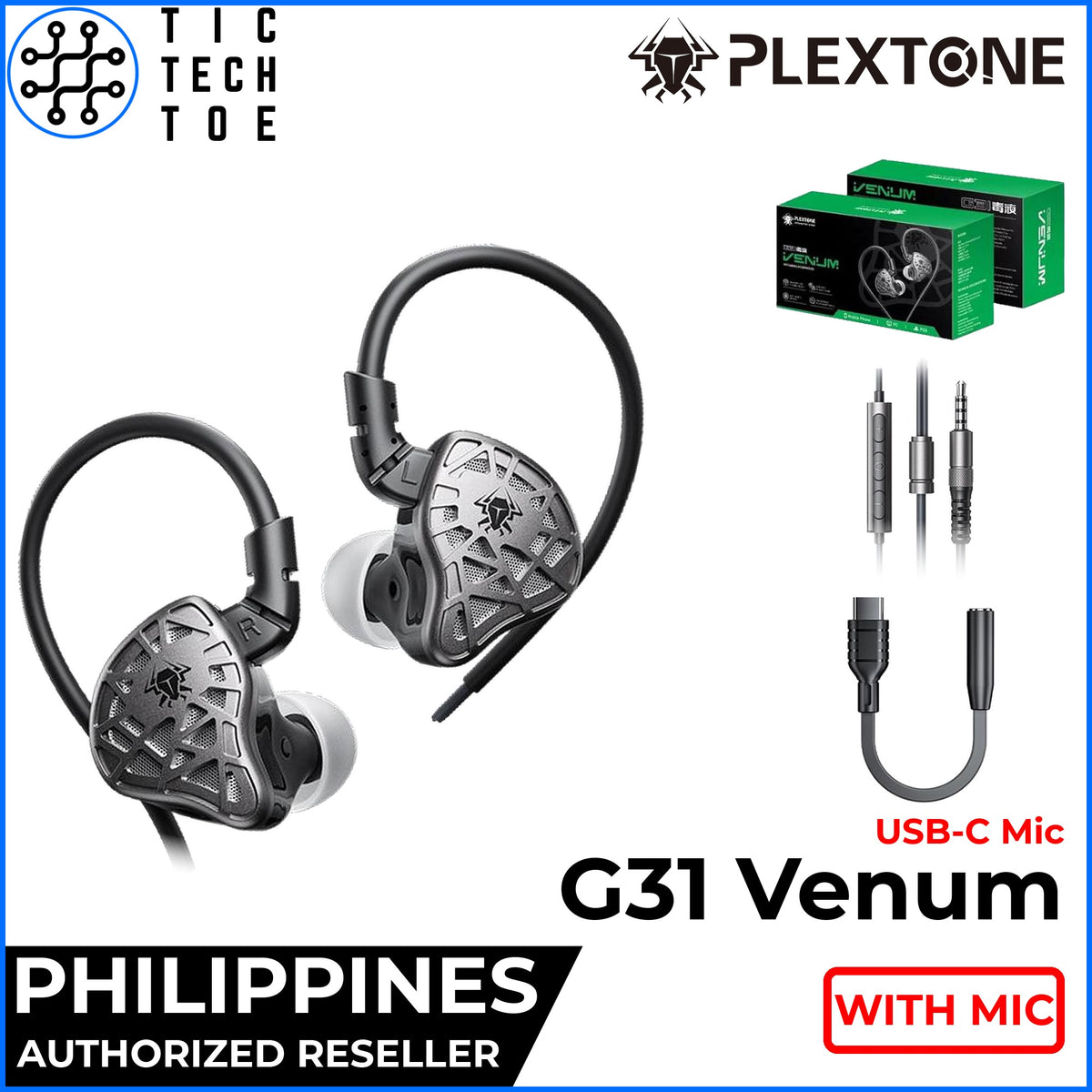 Plextone G31 Venum Gaming In-Ear Earphones LCP Dynamic Driver Wired 3.5mm/USB-C/Lightning Mic