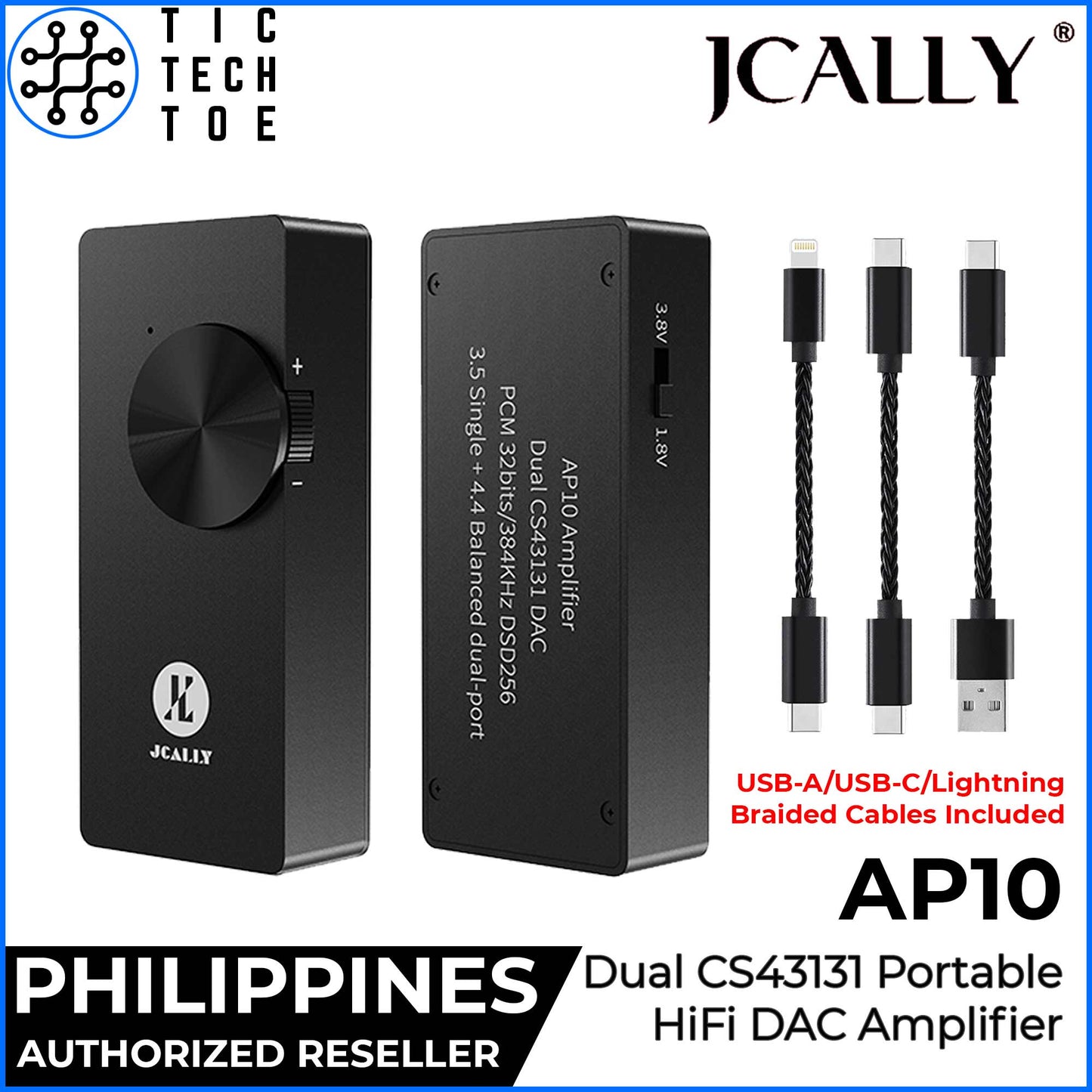 JCALLY AP10 Dual DAC CS43131 Portable Universal HiFi DAC/Amp Adapter (USB-A + USB-C + Lightning)