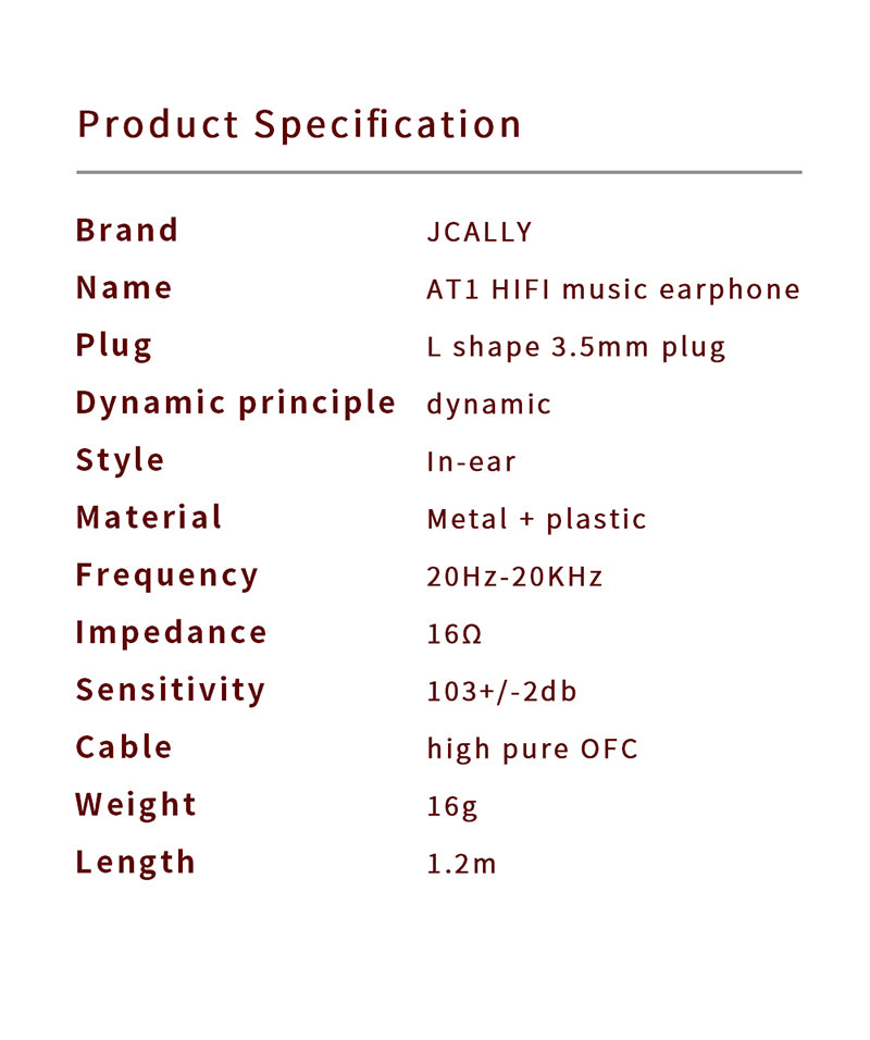 JCALLY AT1 Ergonomic Lightweight IEM Tough Cable Dynamic Driver HiFi Audio In-Ear Monitor Earphones