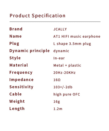 JCALLY AT1 Ergonomic Lightweight IEM Tough Cable Dynamic Driver HiFi Audio In-Ear Monitor Earphones